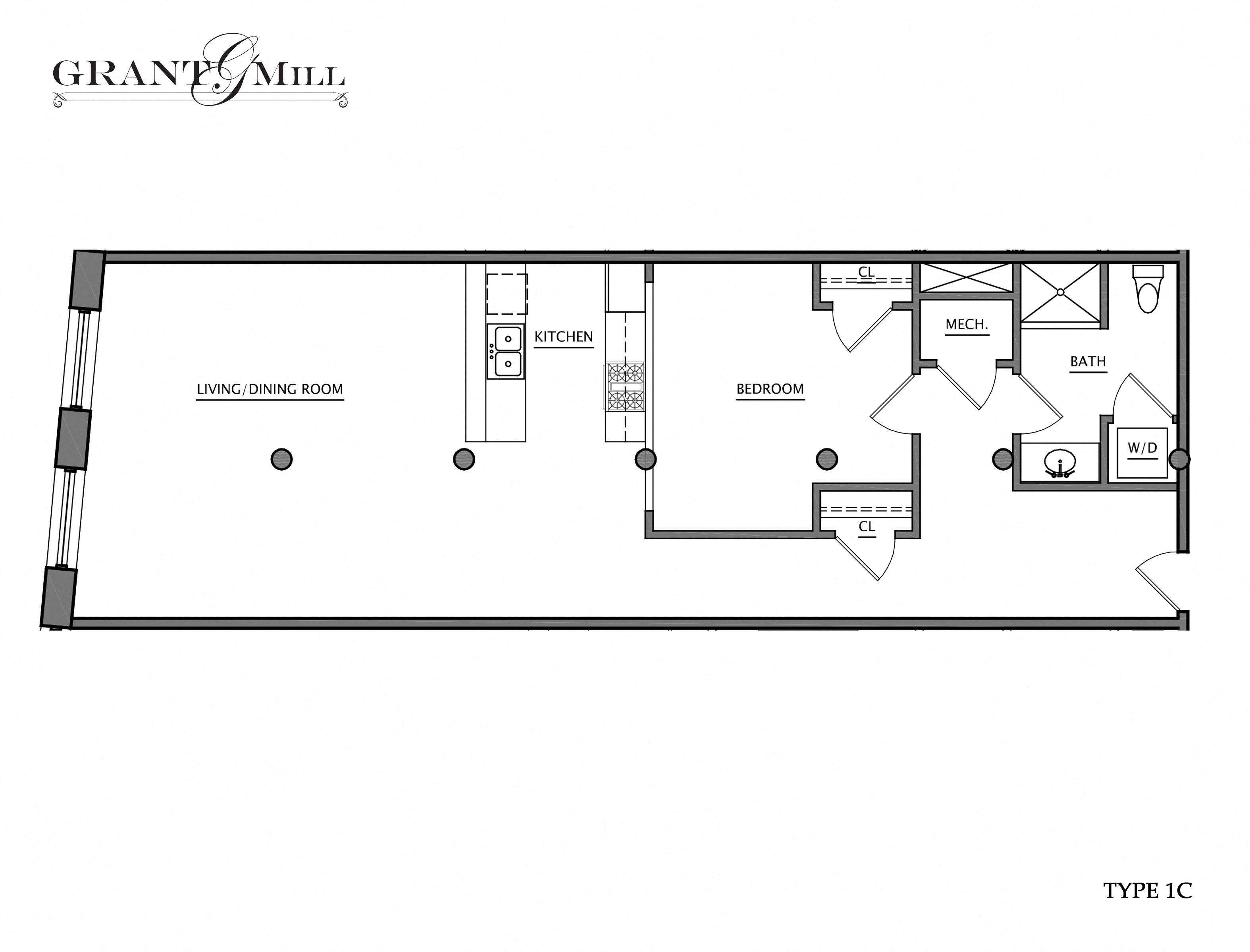 Floor plan for 1 bed, 1 bath, 1006 sqft
